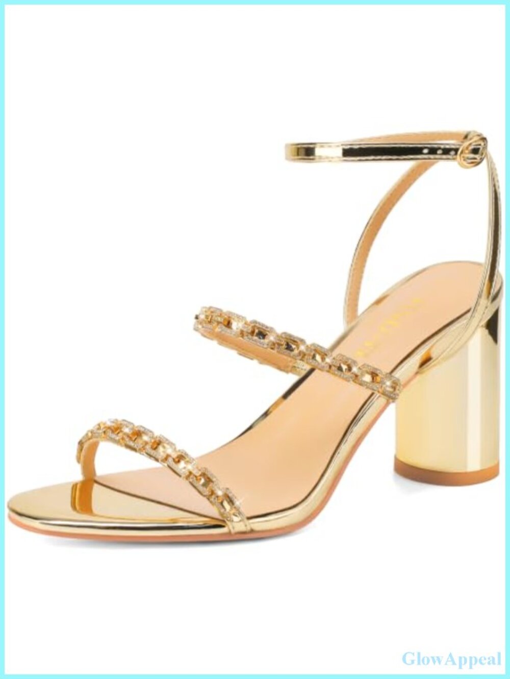 Faux Leather Strappy Rhinestone Chain Chunky Block Heel Sandals Round Open Toe